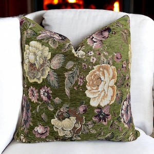 Olive Green Floral Tapestry Pillow Cover , Vintage Style Couch Pillowcase , Large Flower Textured Euro Sham Lumbar , Sofa Cushion Gift