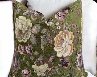 Olive Green Floral Tapestry Pillow Cover , Vintage Style Couch Pillowcase , Large Flower Textured Euro Sham Lumbar , Sofa Cushion Gift