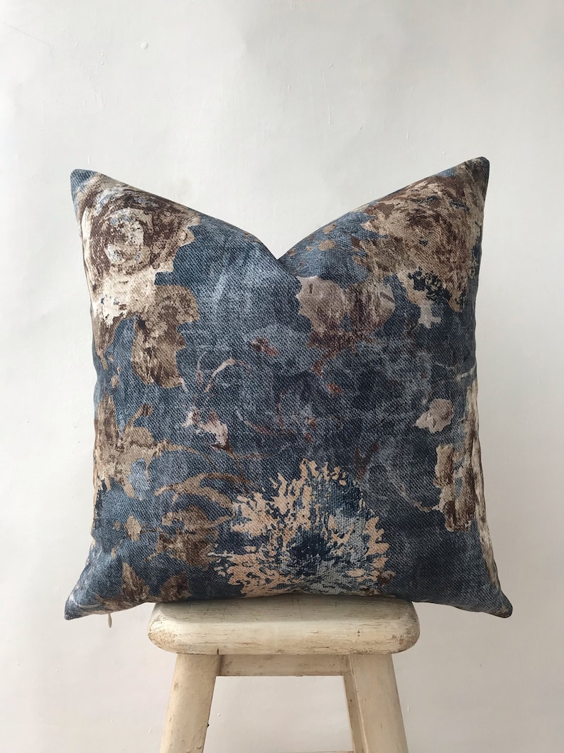 Navy Blue and Brown Floral Cotton Velvet Pillow Cover , Teal Flower Accent Pillow Case , Dark Blue Taupe Pillow Case ,Nautical Euro Sham image 1