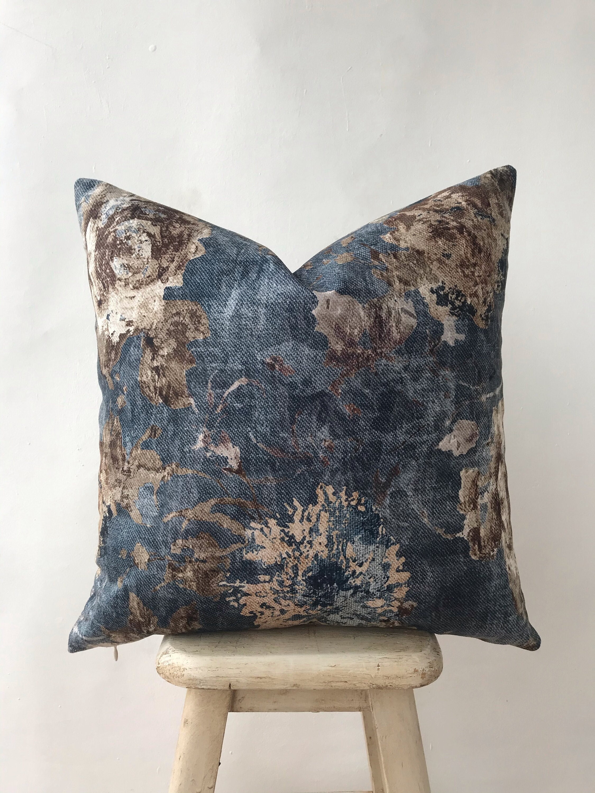 Navy Blue and Brown Floral Cotton Velvet Pillow Cover , Teal Flower Accent Pillow Case , Dark Blue Taupe Pillow Case ,Nautical Euro Sham