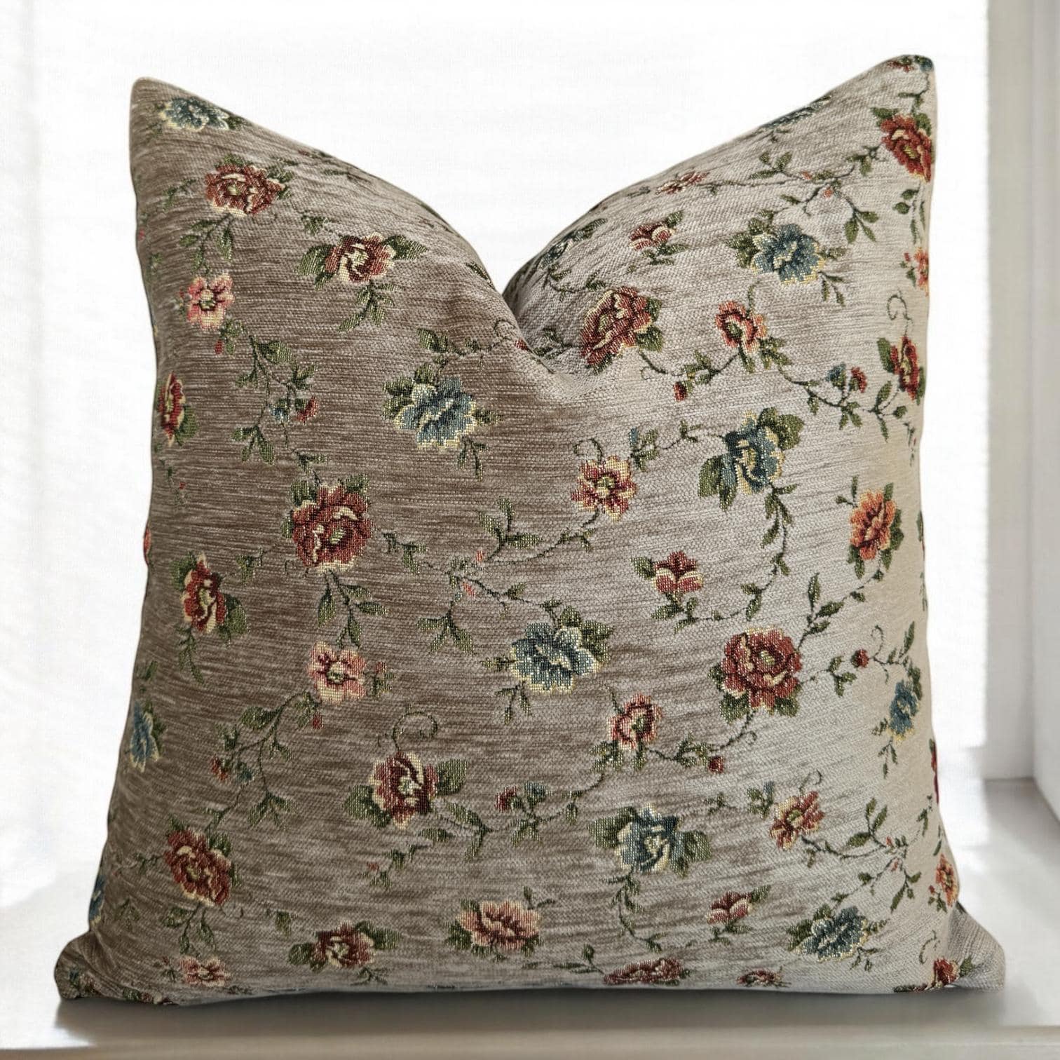Dark Beige Floral Tapestry Pillow Cover , Vintage Style Couch Pillowcase , Small Flower  Wove Textured Euro Sham Lumbar , Shabby Chic