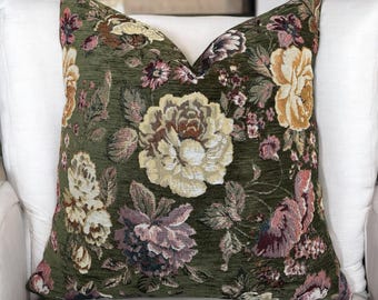 Moss Green Floral Tapestry Pillow Cover , Vintage Style Couch Pillowcase , Large Flower Textured Euro Sham Lumbar , Sofa Cushion Gift