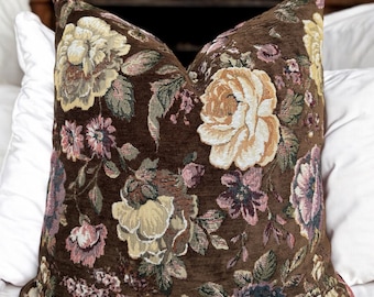 Brown Floral Tapestry Pillow Cover , Vintage Style Couch Pillowcase , Large Flower Textured Euro Sham Lumbar , Sofa Cushion Gift