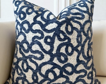 Navy Blue White Chenille Textured Throw Pillow Cover , Abstract Pillowcase , Contemporary Boho Cushion , Dark Blue Coastal Housewarming Gift