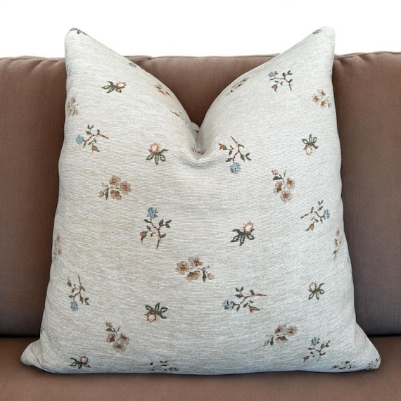 Minimalist Floral Tapestry Pillow Cover , Neutral Vintage Style Couch Pillowcase , Small Flower Textured Euro Sham Lumbar , Shabby Chic