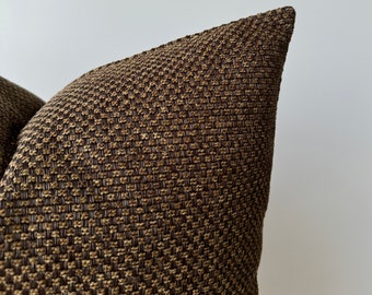 Dark Brown and Mustard Throw Pillow Cover , Boho Long Lumbar Euro Sham , Plaid Texture Throw Pillowcase , Brown Yellow Pillowcase