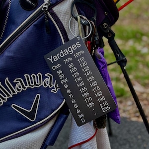 May include: A black metal yardage chart for golf clubs with the text "Yardages" at the top. The chart lists the club, 75% distance, and 100% distance. The clubs listed are 56, 50, PW, 9i, 8i, 7i, 6i, 5i, 4i, 3w, and D.