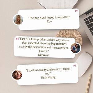 Positive reviews from customers with a backdrop of a desk, a laptop, mouse and a pen.
