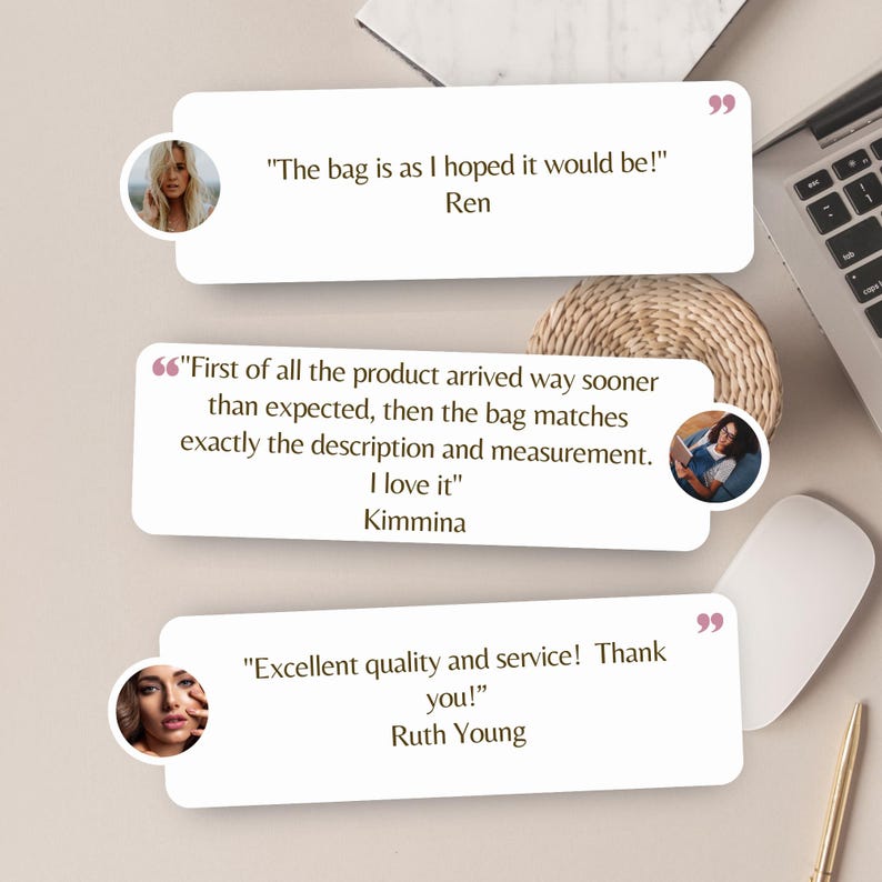 Positive reviews from customers with a backdrop of a desk, a laptop, mouse and a pen.