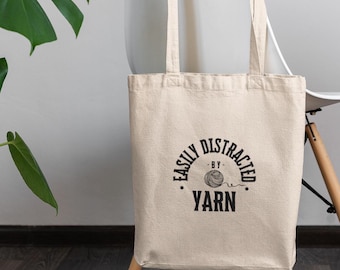 Funny Knitter Tote Bag Easily Distracted By Yarn Large Cotton Canvas Project Bag Crochet Knitting Storage Gift Black Natural Craft Bag