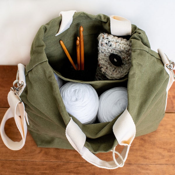 The Hipster Crossbody Knitting Bag (Verde) / Knit Crochet on the go / Bolsa de proyecto de lona / Tote de punto