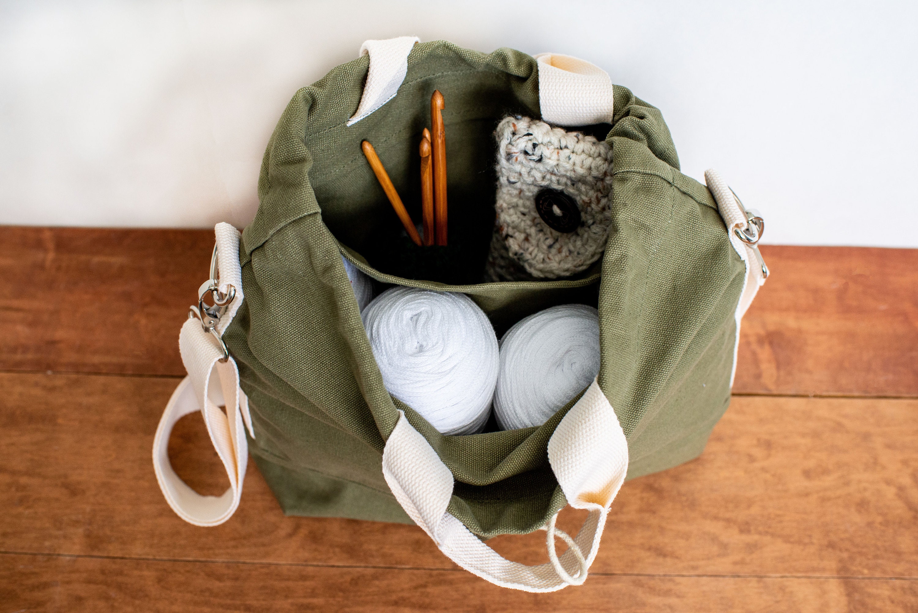 Knitting Project Bag, Bluestone Waxed Canvas and Leather Project Bag, Knitting Bag, Yarn Bag, Crochet Bag, Craft Bag, Drawstring Bag