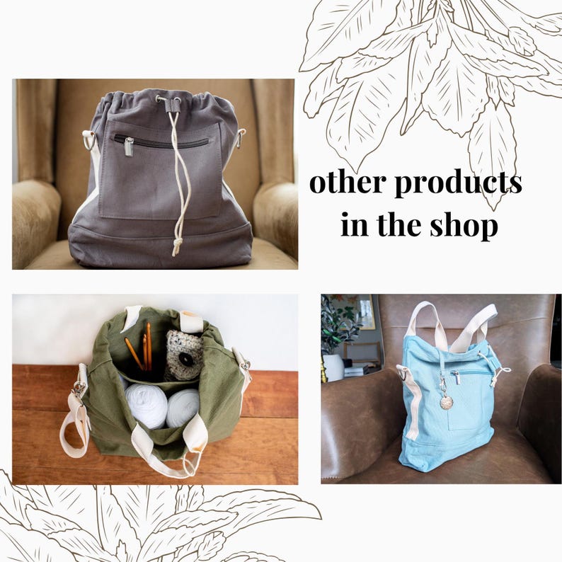 Pictures of other items in the Makers Stash Etsy shop that is for sale.  The crossbody project bags in the colors gray, green and blue. Perfect for knitters and crocheters.