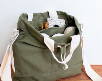 The Hipster Crossbody BIG SIS Project Knitting Bag (Green) / Knit Crochet on the go / Canvas project bag / Knitting tote