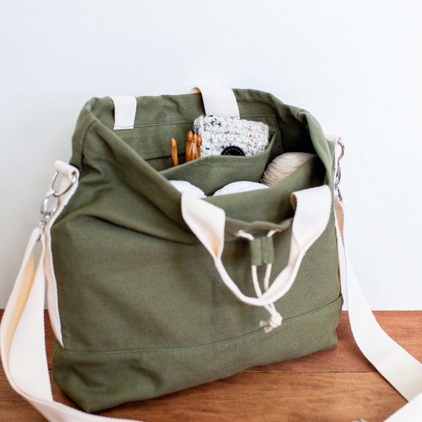 The Hipster Crossbody BIG SIS Project Knitting Bag (Green) / Knit Crochet on the go / Canvas project bag / Knitting tote