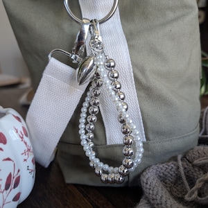 Knitting Bag Charm for Knitters Crochet Project Bag Accessory Gift White Pearl Heart Pendant Silver Bead Keychain Bag Bling