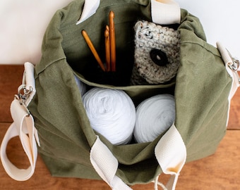 Hipster Crossbody Knitting Project Bag Drawstring with Custom Embroidered Monogramming Canvas Project Bag Crochet Project Bag Yarn Bag