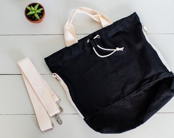 The Hipster Crossbody Knitting Bag (Black) / Knit Crochet on the go / Canvas project bag / Knitting tote