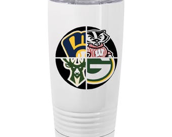 Wisconsin Sports Tumbler- Green Bay Packers, Milwaukee Brewers, Milwaukee Bucks, University Wisconsin, Gift for Him, Wisconsin sports fan