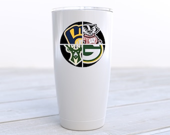 Wisconsin Sports Tumbler- Green Bay Packers, Milwaukee Brewers, Milwaukee Bucks, University Wisconsin, Gift for Him, Wisconsin sports fan