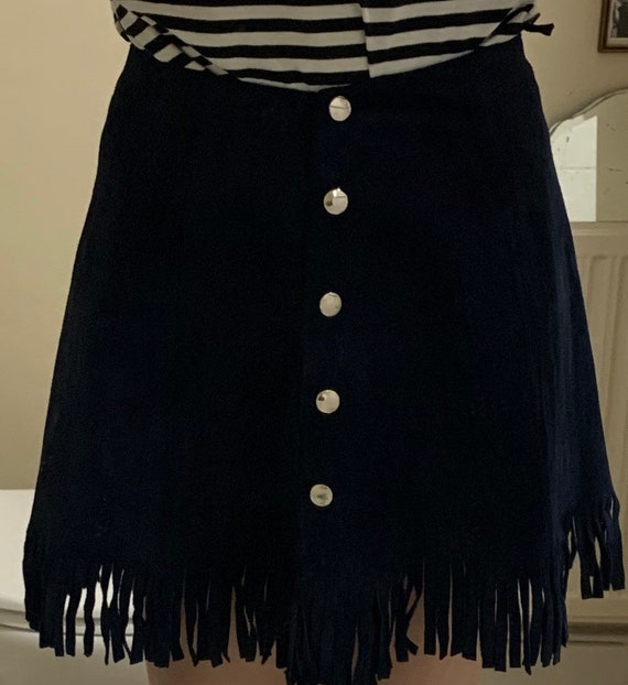 Vintage Navy Blue Suede mini Fringed Skirt 60s 70s