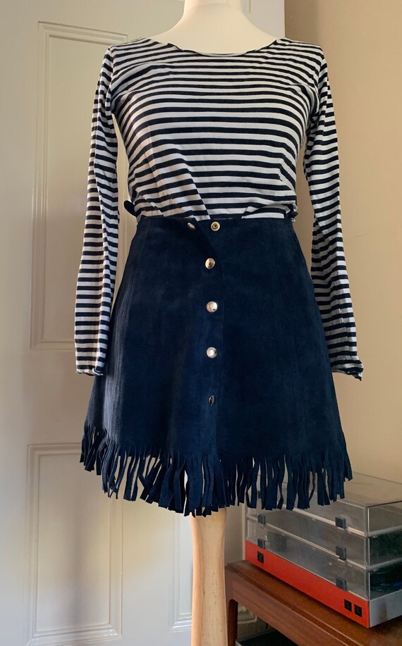 Vintage Navy Blue Suede mini Fringed Skirt 60s 70s