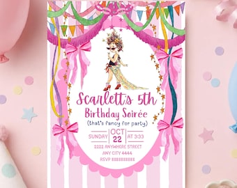 Invitación digital de cumpleaños con temática de Fancy Nancy, plantilla editable de Nancy para Canva.