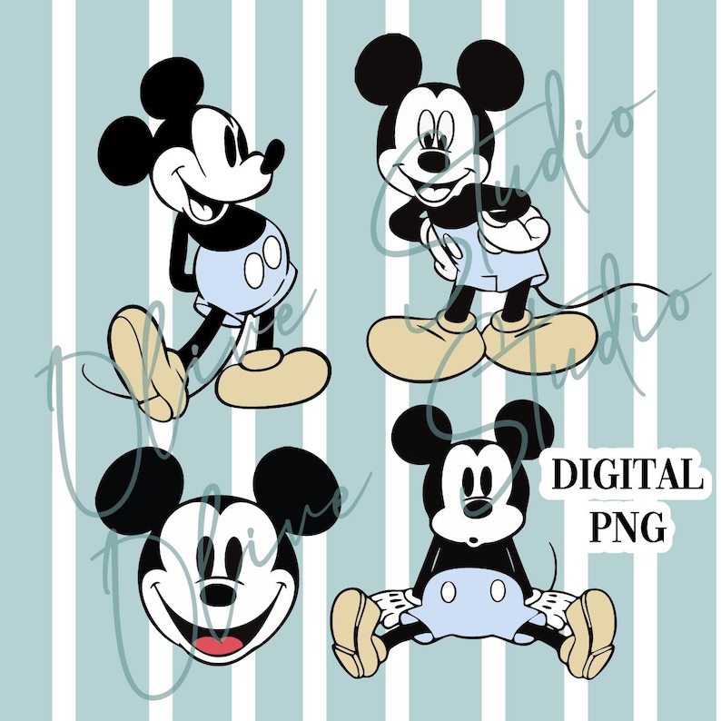 May include: Four digital illustrations of Mickey Mouse in different poses. Mickey is wearing a blue and white outfit and has a black and white design. The illustrations are on a blue and white striped background. DIGITAL PNG.