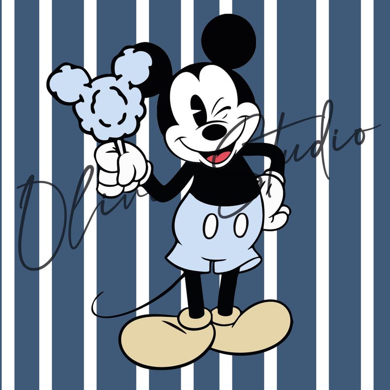K&ouml;nnte beinhalten: Illustration von Mickey Mouse, der zwinkert und eine blaue Zuckerwatte h&auml;lt. Mickey tr&auml;gt eine schwarze Hose, ein schwarzes Hemd und beige Schuhe. Der Hintergrund hat blaue und wei&szlig;e vertikale Streifen. Das Bild hat den Text "Olivia Studio".