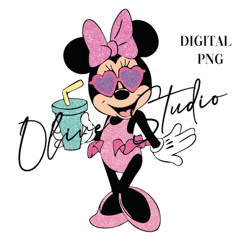 Puede incluir: Una ilustraci&oacute;n de dibujos animados de una Minnie Mouse rosa y negra con gafas de sol de coraz&oacute;n rosa y un traje de ba&ntilde;o rosa. Ella sostiene una taza azul y verde con una pajita.