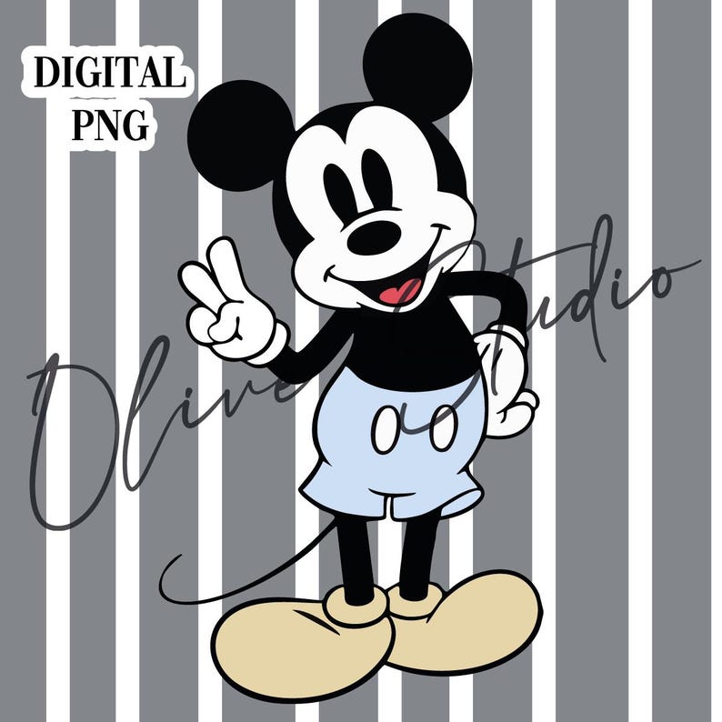 Op de afbeelding: Een digitale PNG-afbeelding van Mickey Mouse die het vredesteken geeft. Mickey draagt zijn klassieke zwart-witte kleuren, lichtblauwe shorts en beige schoenen. De achtergrond heeft verticale grijze en witte strepen.