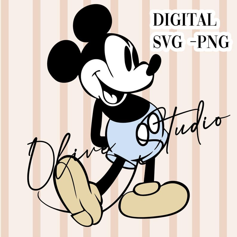 May include: Black and white cartoon illustration of Mickey Mouse wearing blue shorts and yellow shoes. The image has a striped background.