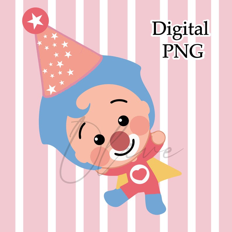 May include: A cartoon illustration of a clown character with blue hair, a red nose, and a party hat. The clown is wearing a red and yellow outfit with blue shoes. The background is pink with white vertical stripes. Text reads "Digital PNG".