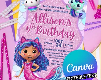 Invitación fantástica de la película de sirenas de la casa de muñecas de Gabby: invitación digital personalizada de cumpleaños