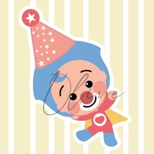 May include: A cartoon illustration of a clown character with blue hair, a red outfit, and a yellow cape. The clown is wearing a pink party hat with white stars and a red star on top. The background is a light yellow with vertical white stripes.