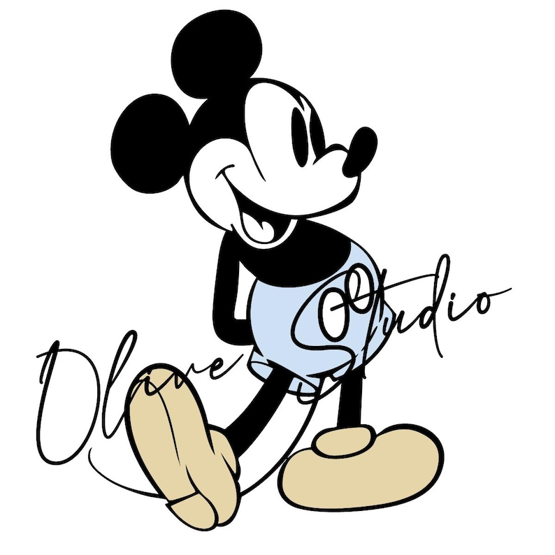 May include: Black and white cartoon illustration of Mickey Mouse wearing blue shorts and smiling. The image has a white background.