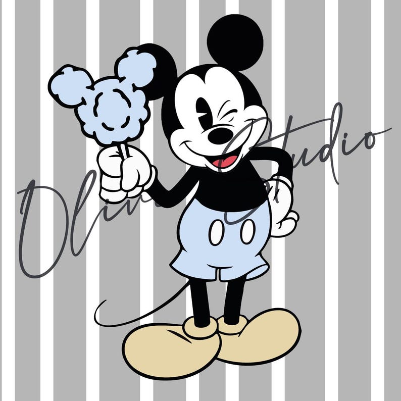 K&ouml;nnte beinhalten: Eine Cartoon-Illustration von Mickey Mouse, die zwinkert und ein hellblaues, wolkenf&ouml;rmiges Objekt h&auml;lt. Mickey Mouse ist in seiner klassischen Kleidung dargestellt: schwarzer Torso, hellblaue Shorts und gro&szlig;e gelbe Schuhe. Der Hintergrund zeigt vertikale graue und wei&szlig;e Streifen.