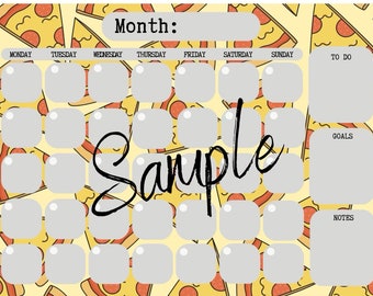 Calendario mensual imprimible de pizza sin fecha: Tareas, notas y objetivos (A4) (Descarga digital)