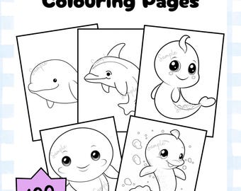 Puede incluir: Páginas para colorear con dibujos de animales marinos, incluyendo delfines. Las páginas son dibujos en blanco y negro, con el texto "Cute Ocean Animals Colouring Pages" y "100 Pages".