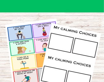 May include: Four printable strips of coping cards for children. Each strip has four colorful cards with illustrations and phrases like "I can rest my head", "I can bounce on a ball", "I can ask for a hug", "I can ask for music", "I can do a yoga pose", "I can stretch or move my body".