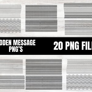 Könnte beinhalten: Eine Sammlung von 20 PNG-Dateien mit verschiedenen schwarz-weißen gemusterten Bordüren und dekorativen Elementen. Der Text "HIDDEN MESSAGE PNG'S" und "20 PNG FILES" wird in fetter weißer Schrift auf schwarzem Hintergrund angezeigt.