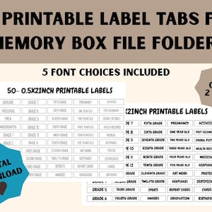May include: Printable labels for memory box file folders. The labels are in two sizes: 0.5 by 2 inches and 2 inches. The labels include categories such as daycare, preschool, pre-k, kindergarten, grade 1, grade 2, first grade, second grade, third grade, fourth grade, fifth grade, sixth grade, seventh grade, eighth grade, ninth grade, tenth grade, eleventh grade, twelfth grade, pregnancy, one year old, two years old, three years old, four years old, five years old, activities, post-secondary, school pictures, health records, medical, keepsakes, photos, certificates, art work, report cards, cards, awards, graduation, birthdays, and sports.