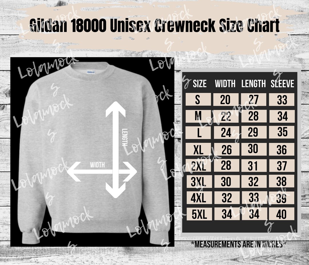 Gildan 18000 Size Chart, Size Chart for Gildan, Gildan 1800 Mockup and