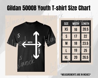 Maqueta de la tabla de tallas de la camiseta juvenil Gildan 5000B (descarga digital)