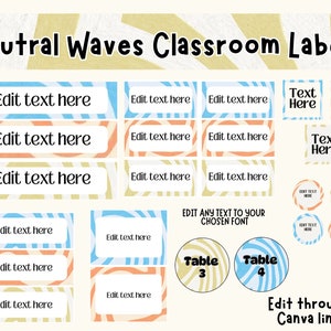 Classroom Labels Editable Templates, Neutral Waves Classroom Organization, Bin & Drawer Labels INSTANT DOWNLOAD, Canva Templates pdf Link