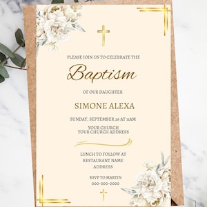 Neutral Floral Baptism Invitation Template (Canva Editable, 4x6 inch)