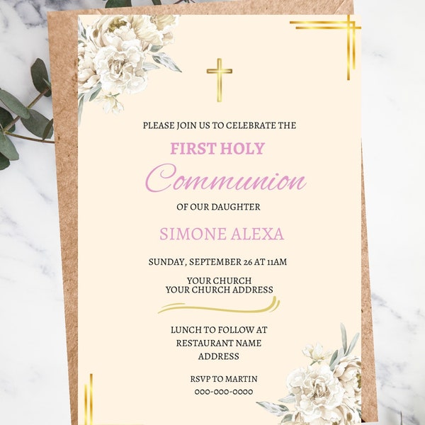 Pink First Holy Communion Invitation template, invitation template, Editable first communion invitation, girl communion invitation,  Canva