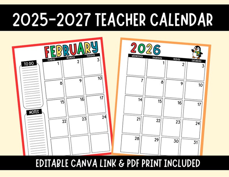 2025/26 & 2026/27 Editable Calendar Templates, Monthly Teacher Planner