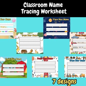 May include: A collection of seven classroom name tracing worksheets. Each worksheet features a different background design, including an ocean scene, a starry night, and a farm. The worksheets have dotted lines for tracing and the text "Trace Your Name".
