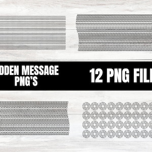 Puede incluir: Cuatro archivos PNG en blanco y negro con varios patrones. La imagen incluye el texto "HIDDEN MESSAGE PNG'S" y "12 PNG FILES". Los patrones incluyen líneas, círculos y diseños en forma de cadena, todo en blanco y negro.